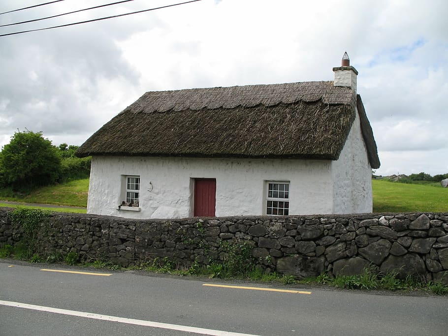 white concrete house near green trees, thatched, cottage, roof HD wallpaper