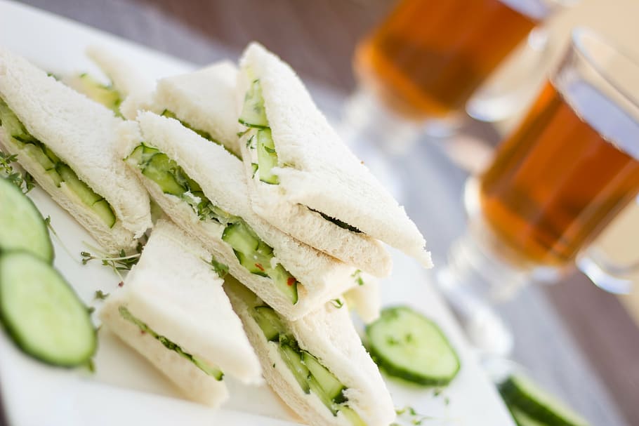 sandwich on white ceramic plate, cucumber, snack, tee, english HD wallpaper