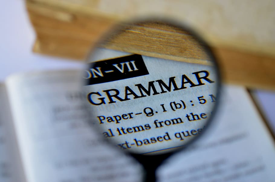 selective focus photo of Grammar printed paper, magnifier, magnifying glass, HD wallpaper