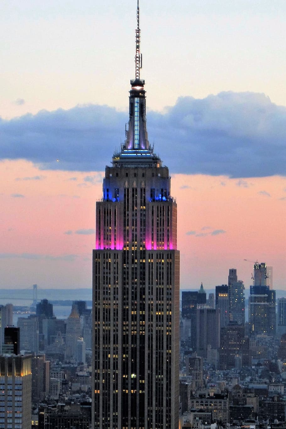 Empire State Building, At Sunset, enlightened, new york, skyscraper, HD wallpaper