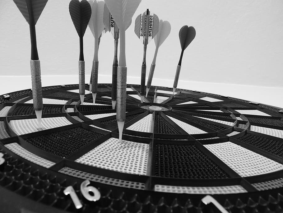 grayscale photo of dartboard and targets, darts, game, circle HD wallpaper