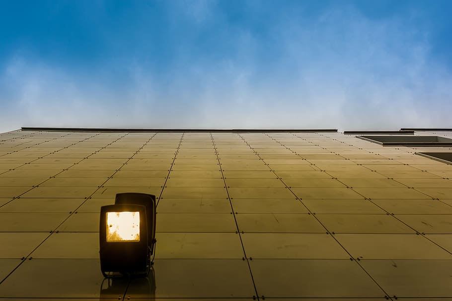 building, glass, sky, lantern, yellow, blue, the façade of the HD wallpaper