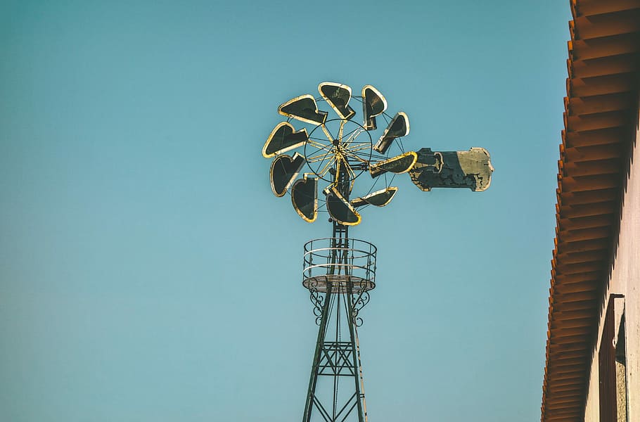 HD wallpaper: blue and white windmill near white building, blue and