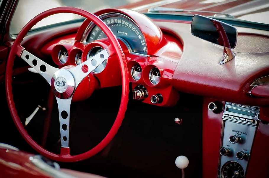 red and silver steering wheel, chevrolet, corvette, cockpit HD wallpaper