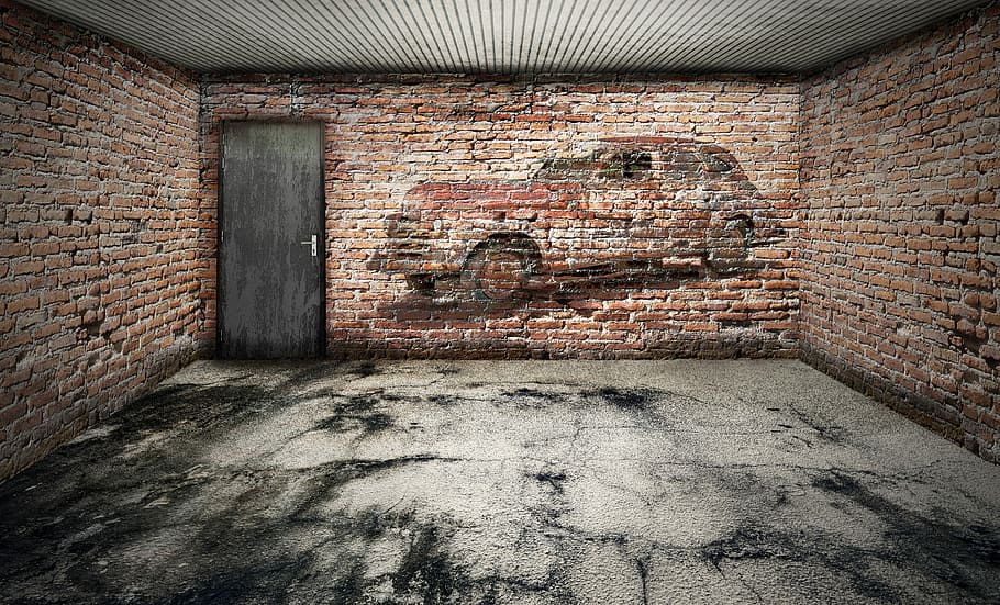 car illustration on brick wall with black wooden door inside room