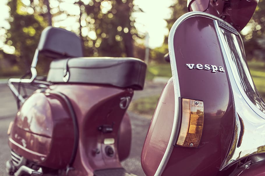 maroon Vespa motor scooter on road, motorcycle, transport, vehicle