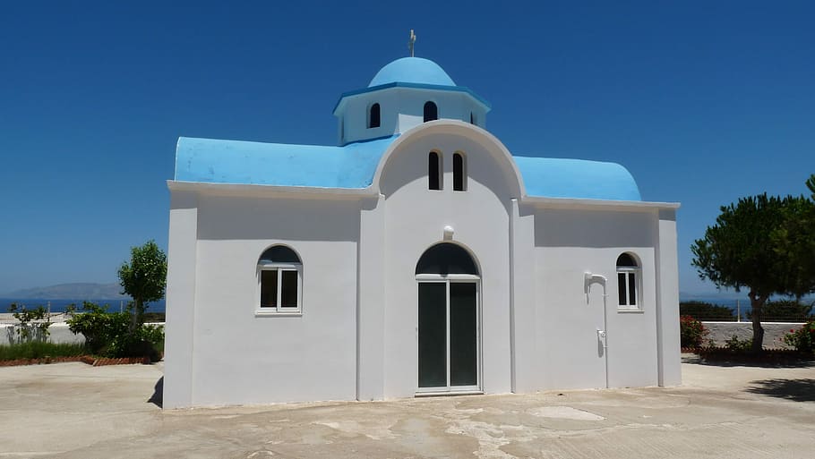 Church, Greece, Kos, Island, Island, Blue, Blue Roof, cross, HD wallpaper