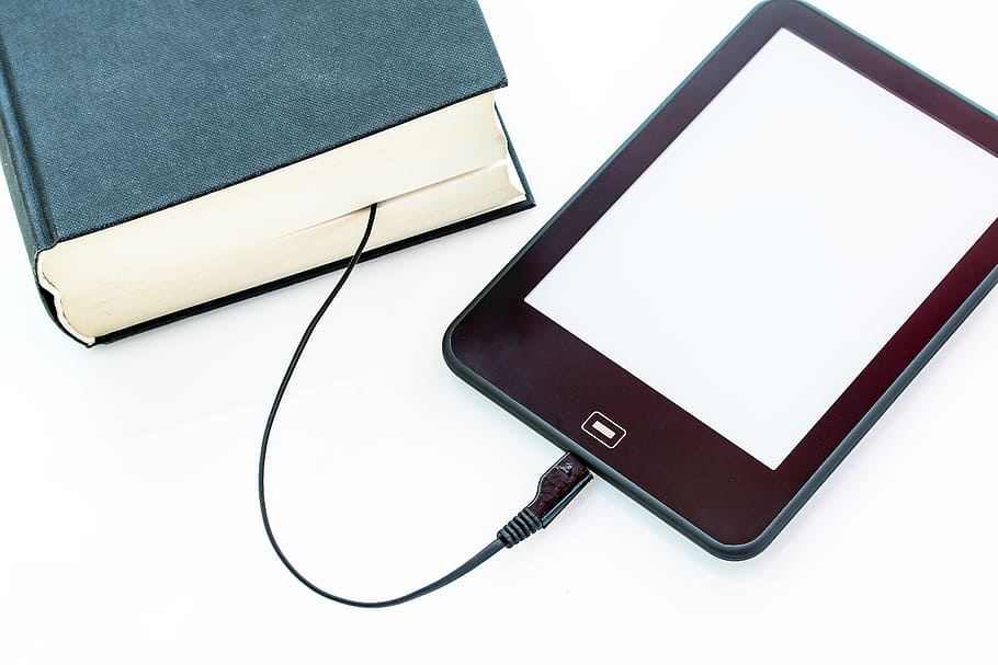 black tablet computer and blue book, Ebook, Charging, Cable HD wallpaper