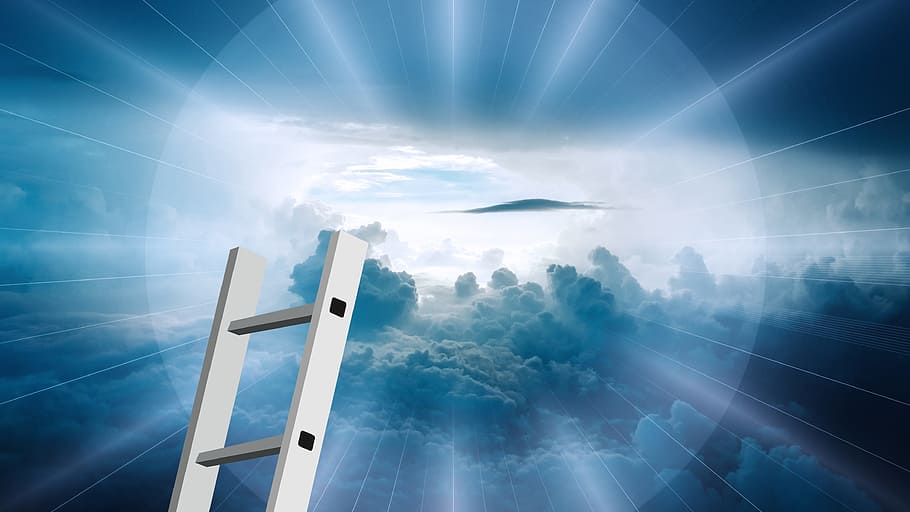 photography of clouds and ladder, head, beyond, sky, god, religion, HD wallpaper