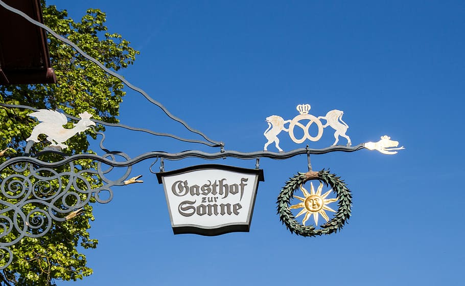 guild sign, note, guest house shield, to the sun, beer, beer garden, HD wallpaper