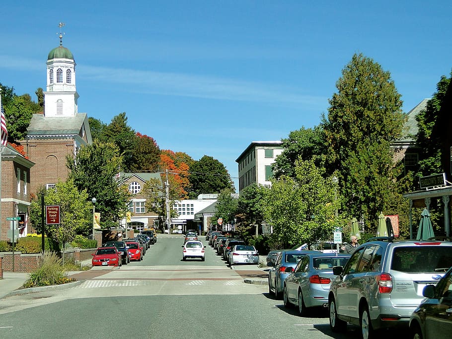 vehicle parked on sidewalk near buildings, town, street, main street, HD wallpaper