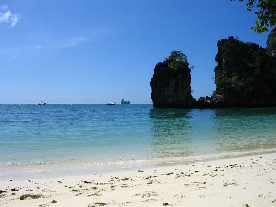 thailand, beach, cliffs, turquoise ocean, sea, water, sky, beauty in nature HD wallpaper
