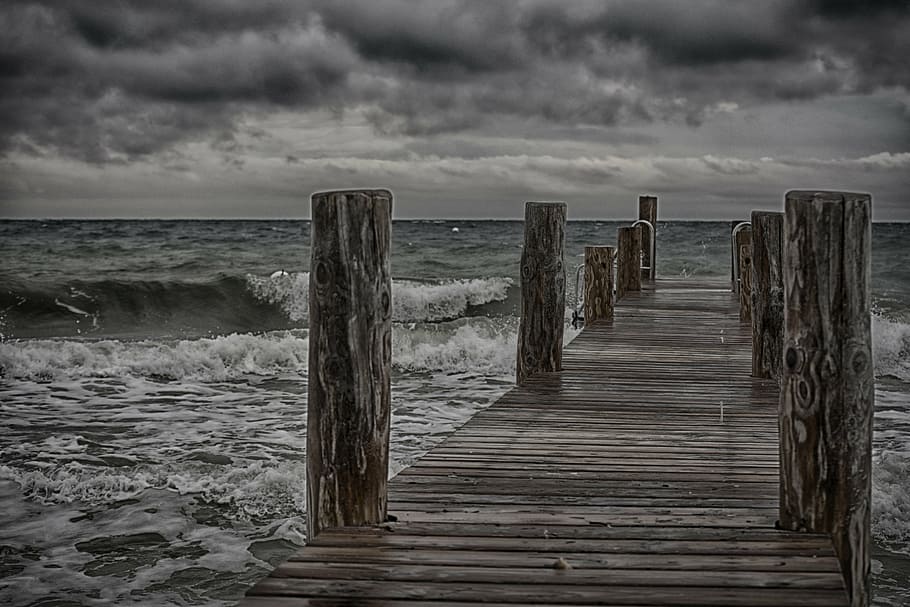 brown dock during cloudy day, mood, sea, mediterranean, forward HD wallpaper