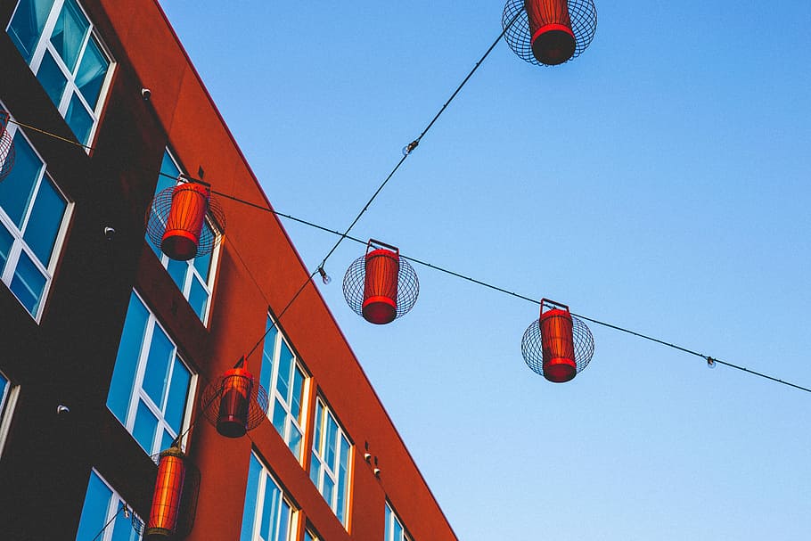 red hanging decors, turned off wire lights, building, architecture HD wallpaper