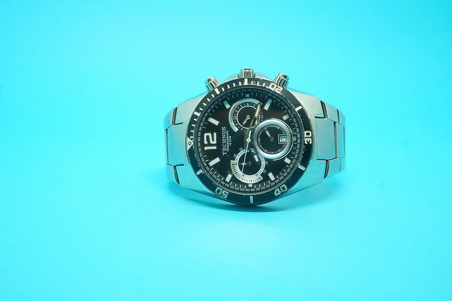 watch, hours, silver, blue, studio shot, colored background HD wallpaper