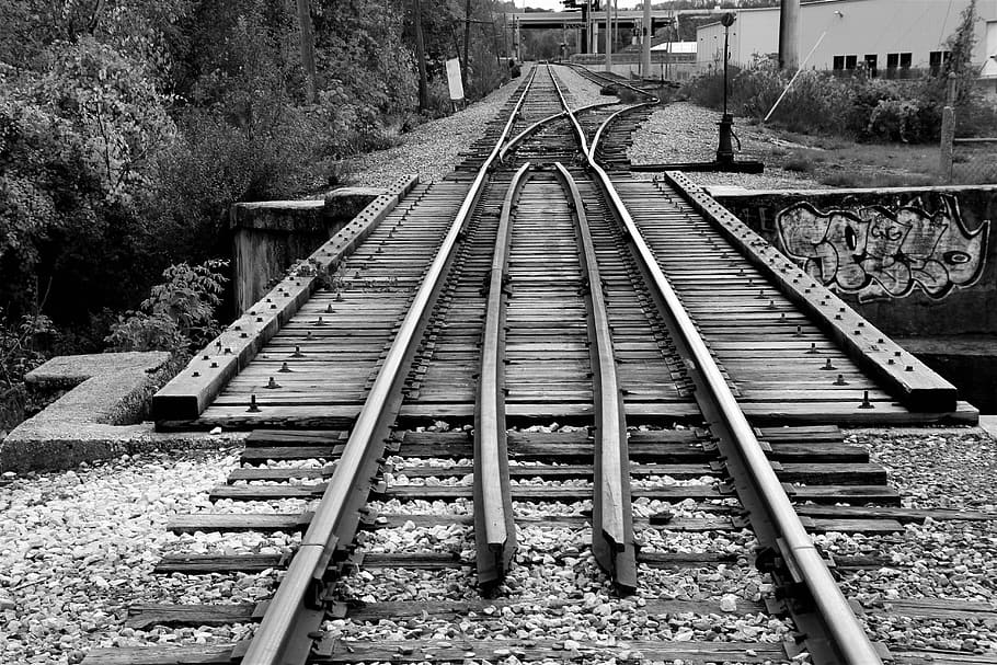 grayscale photograph of train rail, greyscale photography of train rail