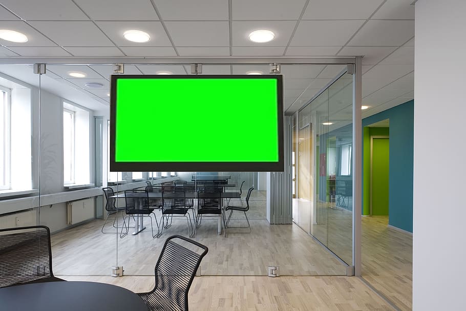office, virtual set, green screen, empty, green color, indoors