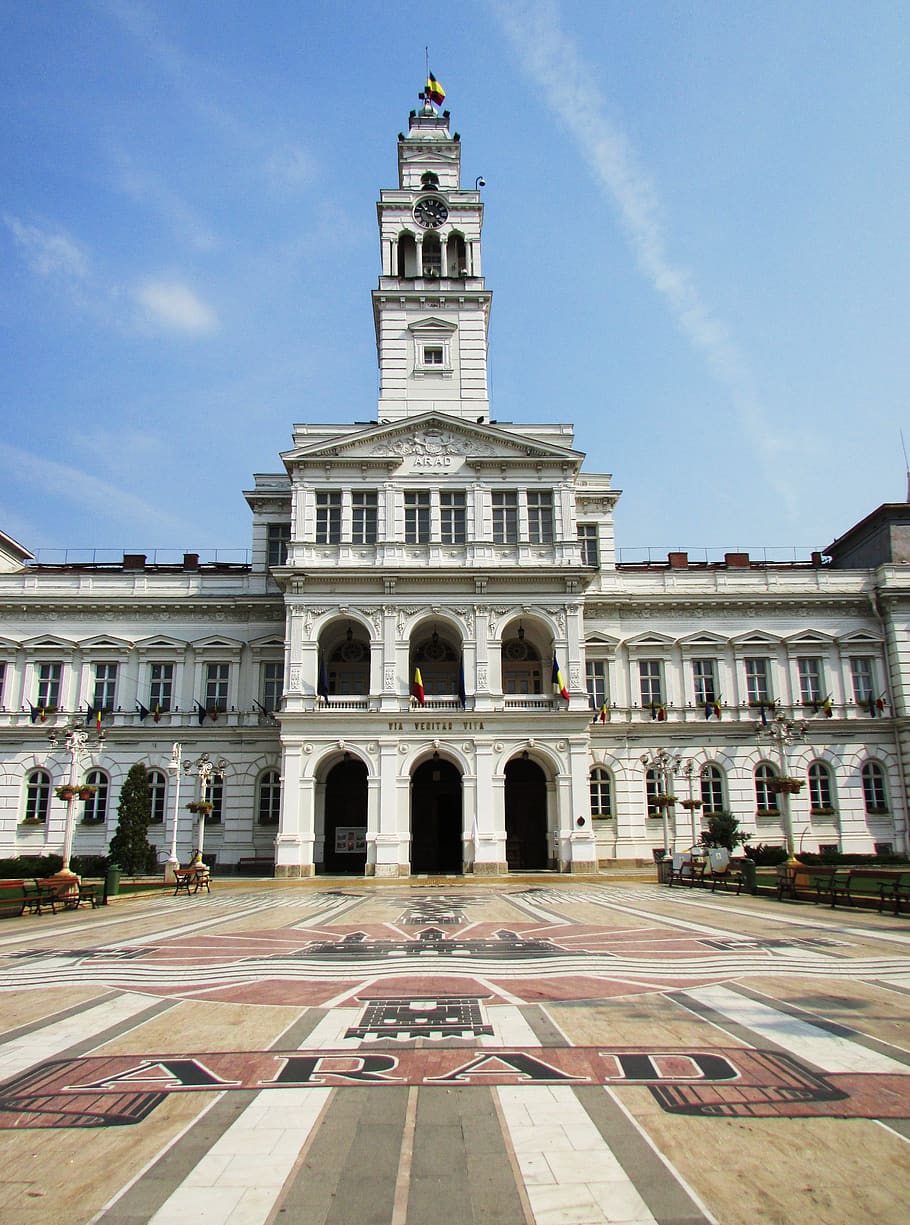 arad, transylvania, center, city hall, tower, historic, white, HD wallpaper