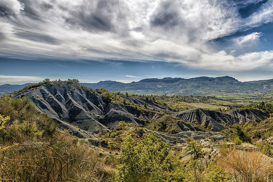clouds, cloudscape, daylight, dry grass, hills, landscape, mountains HD wallpaper