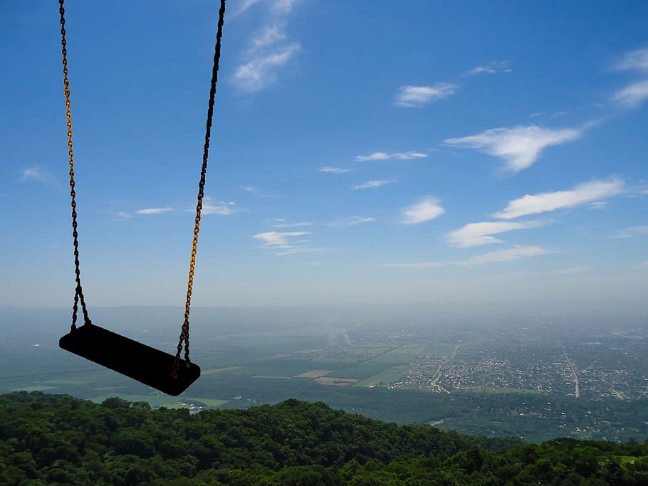 mountain, landscape, playing, swing, sky, cloud - sky, nature HD wallpaper