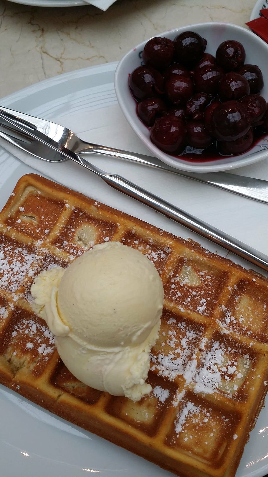 ice, waffle, cherries, dessert, food, food and drink, plate HD wallpaper