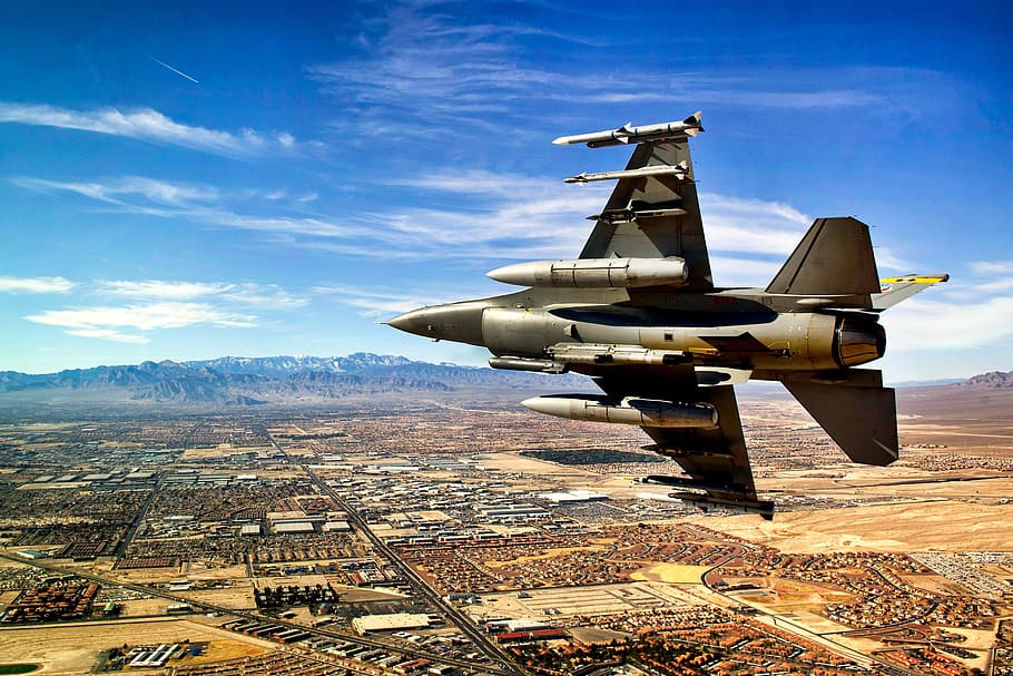 gray jetfighter flying over base, sky, clouds, las vegas, nevada HD wallpaper