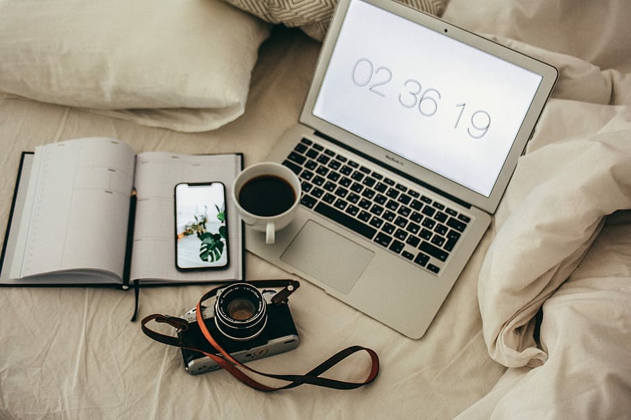 silver MacBook, white ceramic mug on MacBook Air, technology HD wallpaper