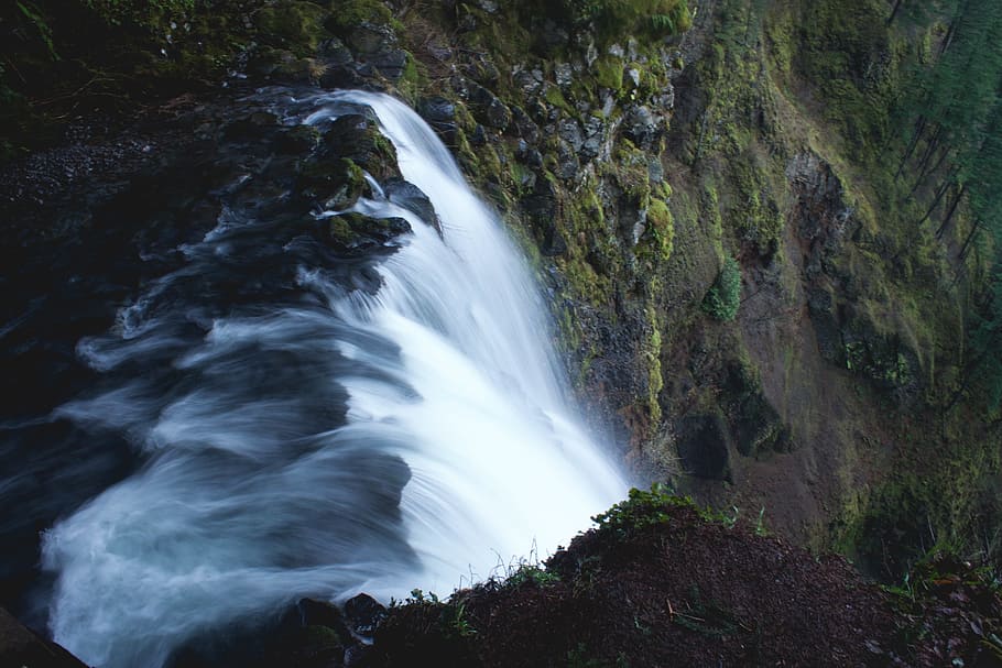 waterfall surrounded by trees, cliff, landscape, rock, mountain HD wallpaper