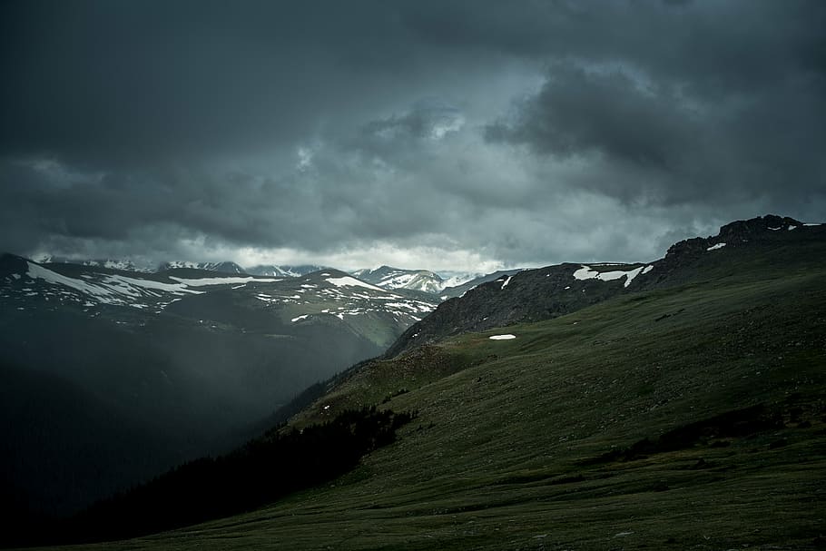 cloudy, grass, landscape, mountains, nature, outdoors, sky HD wallpaper