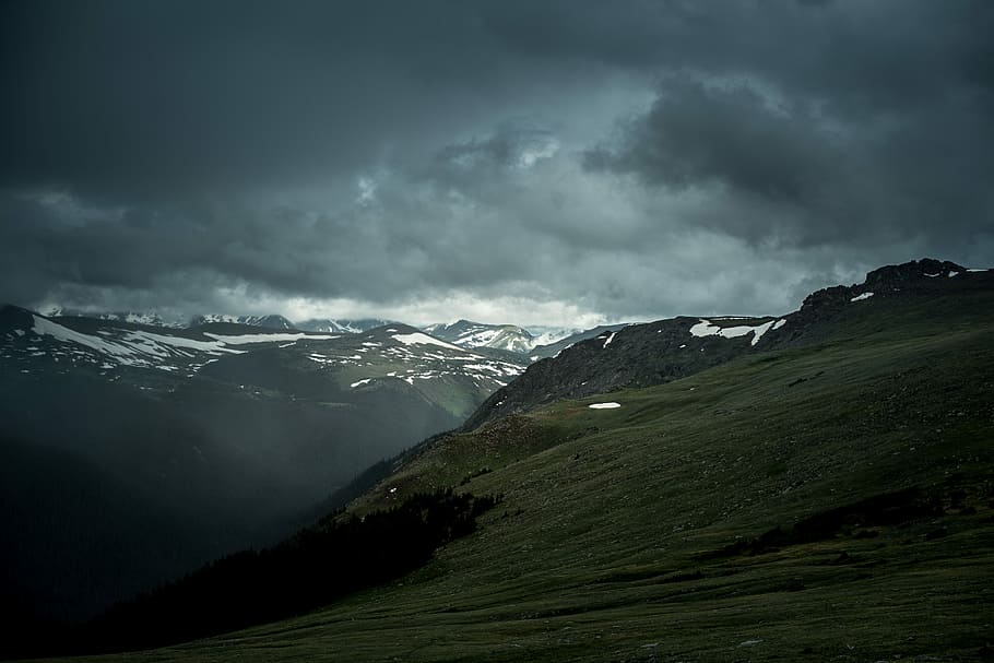 green mountain under cloudy sky, green grass photography, rock HD wallpaper