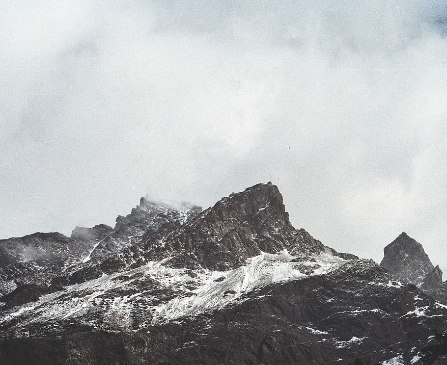 rocky mountain, snowy, mountains, peak, summit, sky, cloudy HD wallpaper