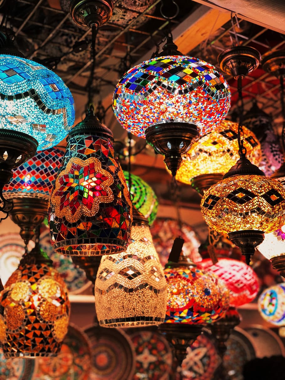 turned on assorted-color pendant lamp lot, lighted assorted-color mosaic glass gourd lanterns, HD wallpaper