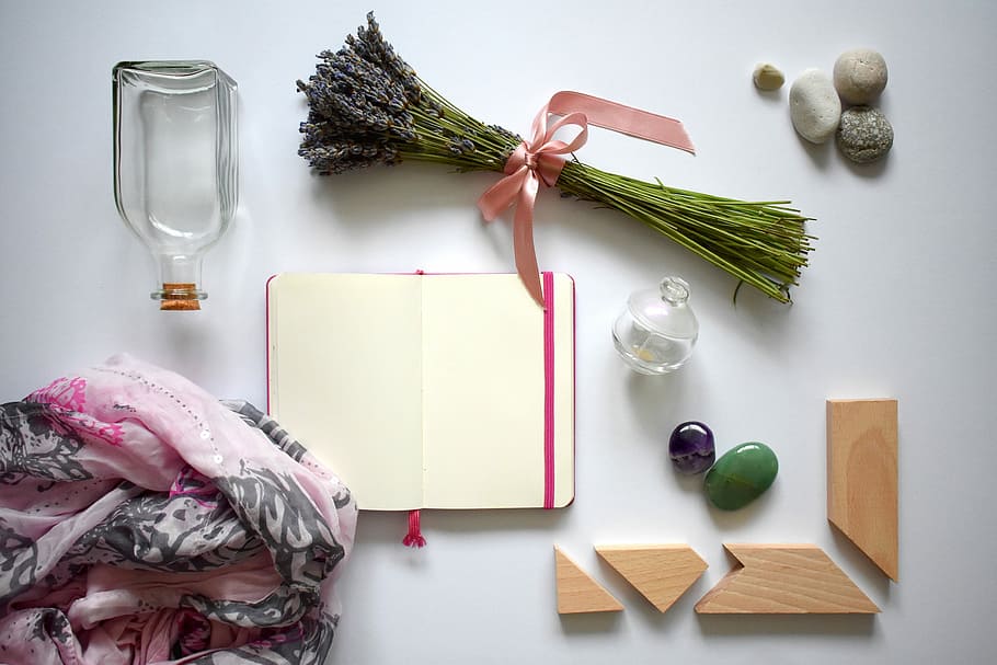 clear glass bottle beside notebook, flat lay, summer, lavender HD wallpaper