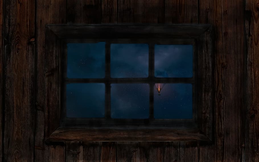 rectangular 6-pane window on brown wooden wall at nighttime, hot air balloon in front of window, HD wallpaper