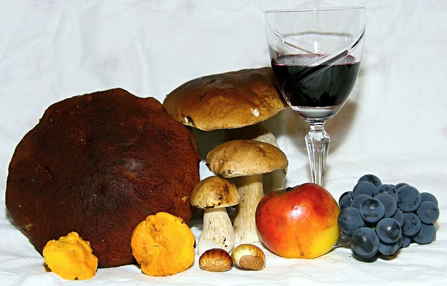 autumn, food, apple, mushrooms, red, wine, black, grapes, chestnut, HD wallpaper