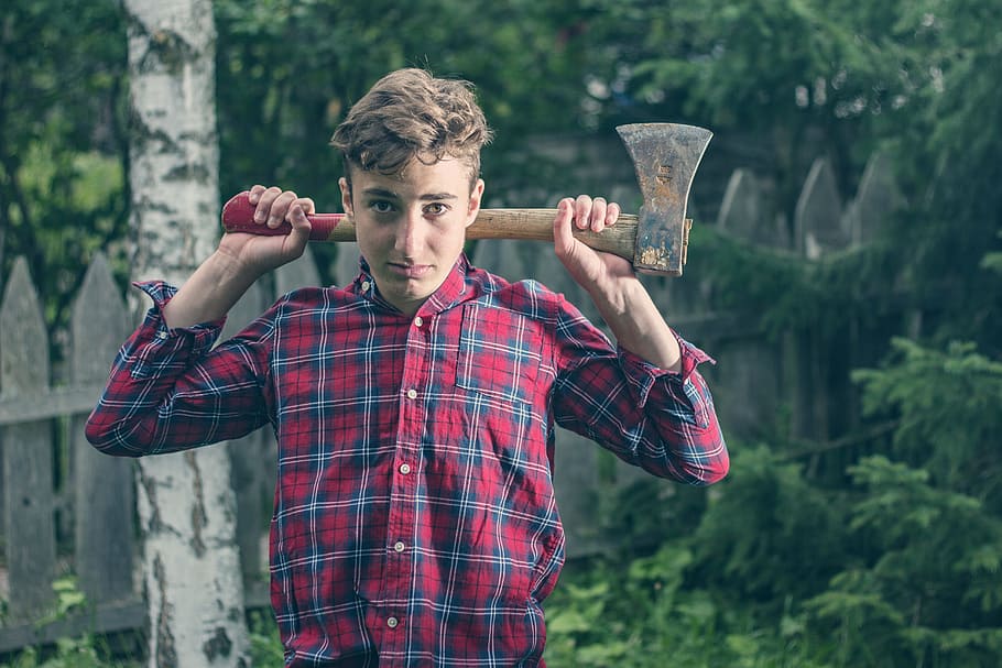 man, person, cute, boy, ax, axe, one person, checked pattern HD wallpaper