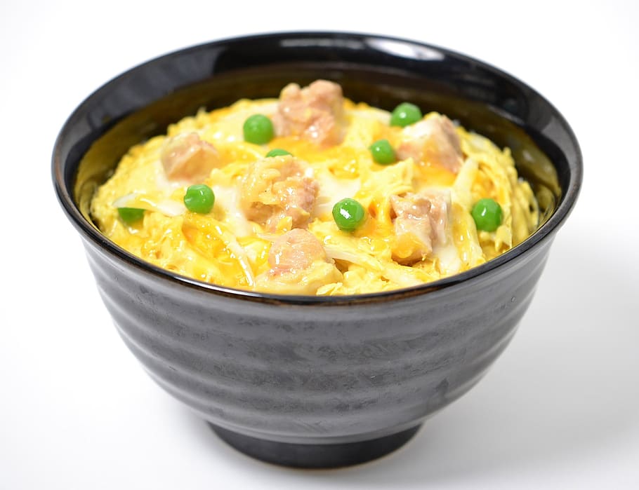 gray ceramic bowl, egg, bowl of rice, japanese food, donburi, HD wallpaper