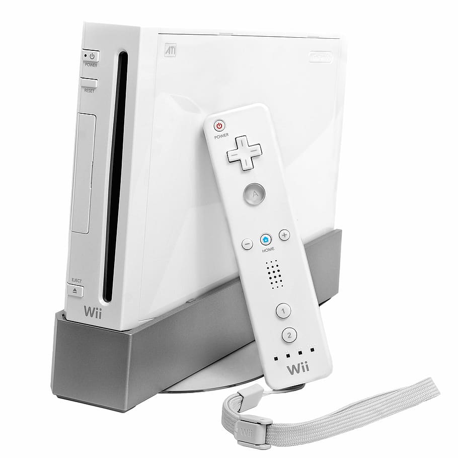 white Nintendo Wii with controller, video game console, play