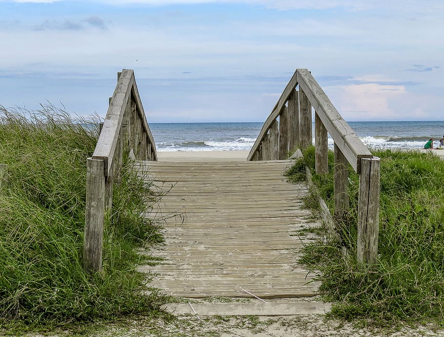 brown wooden footbridge near shoreline during daytime, beach HD wallpaper