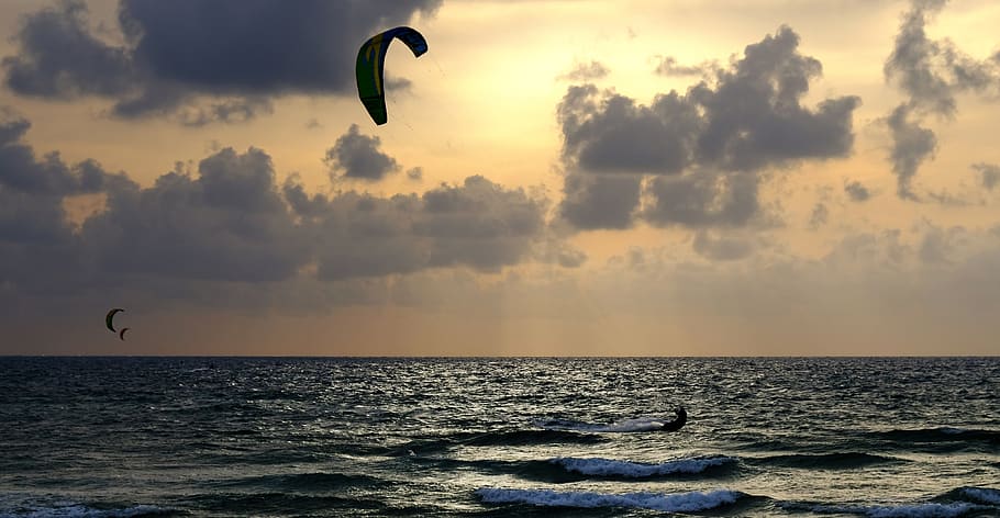 sunset, sea, windsurfing, adventure, sky, horizon over water HD wallpaper