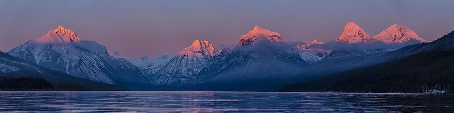 dawn, landscape, mountains, sunset, dusk, lake, lake mcdonald, HD wallpaper
