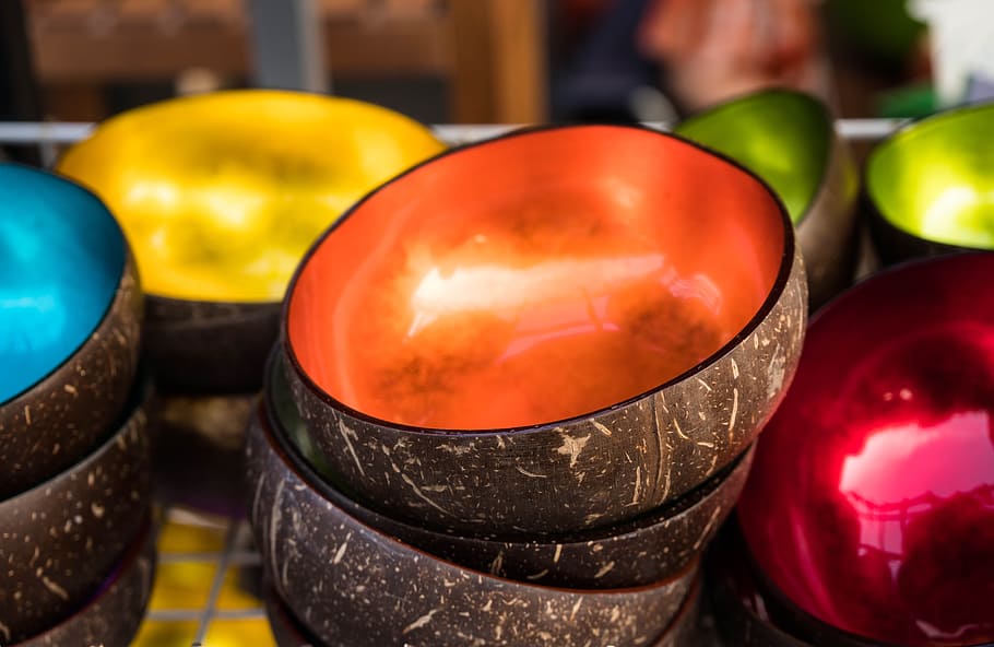 coconut, shell, bowls, decoration, colorful, orange, close-up HD wallpaper