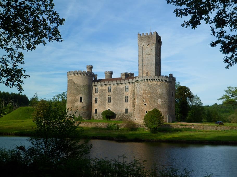 castle, moat, water, tower, pierre, medieval, history, old building HD wallpaper