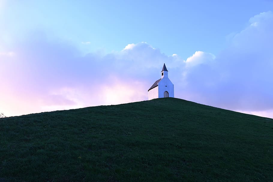 white and brown building on top of the hill, light, sunrise, little church, HD wallpaper