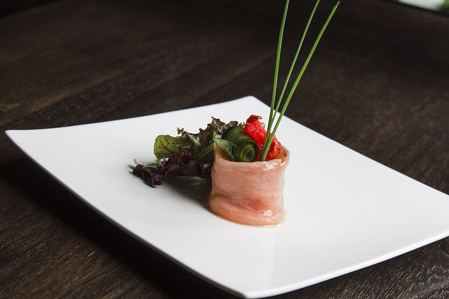 Rouleaux, Salmon, Appetizer, food, plate, gourmet, meal, vegetable HD wallpaper