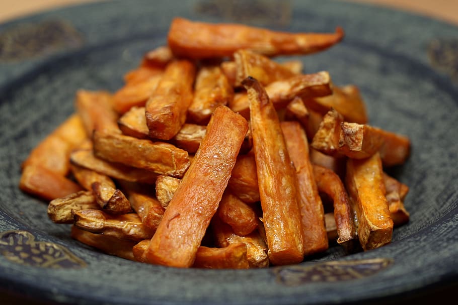 sliced of sweet potato fries, potatoe, potatoes, vegetarian, meal, HD wallpaper