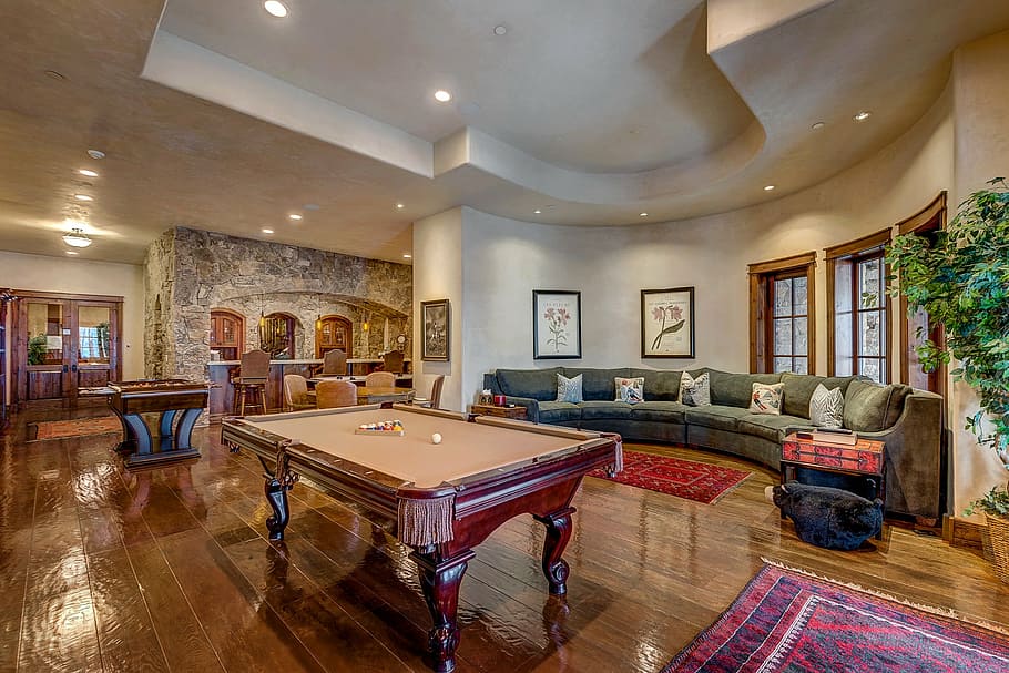 pool table, pool and table, architecture, flooring, home, home interior HD wallpaper