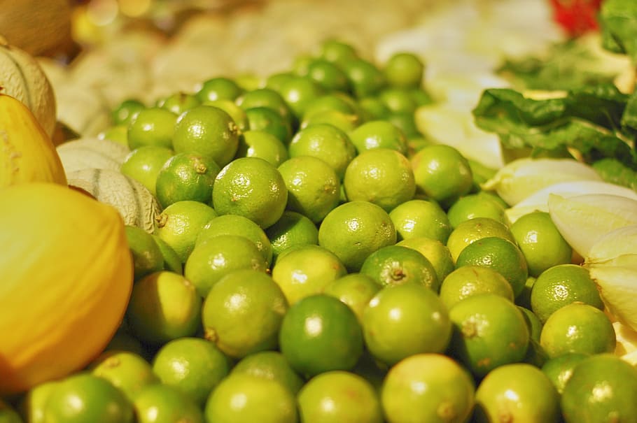 greengrocers, fruit, limes, melon, shop, market, still life HD wallpaper