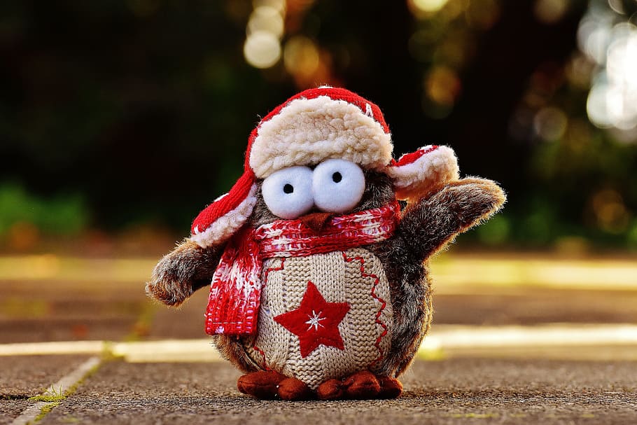 owl, plush, winter, funny, cap, scarf, bird, cute, decoration HD wallpaper