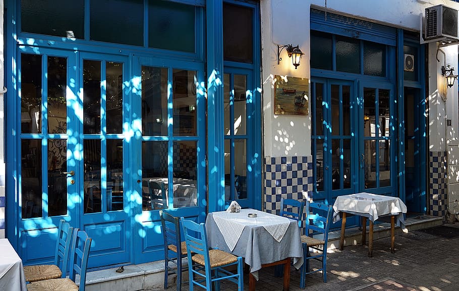 greek, restaurant, thessaloniki, greece, seat, chair, architecture, HD wallpaper